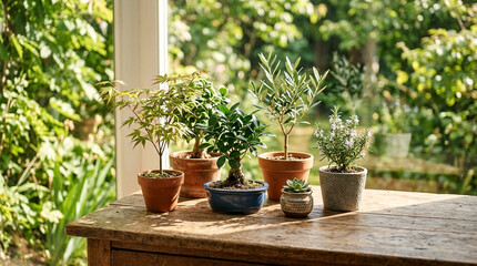 Fototapeta premium Assortment of small potted plants on wooden table with blurred green foliage background