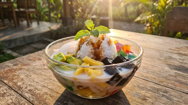 Authentic Indonesian es campur with shaved ice, tropical fruits, coconut milk, and palm sugar syrup, perfect for restaurant menus, tourism, hospitality, and commercial food marketing.