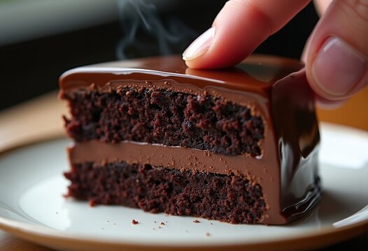 Indulgent Chocolate Cake Slice Glossy Ganache Frosting Elegant Porcelain Dessert Plate Close-up