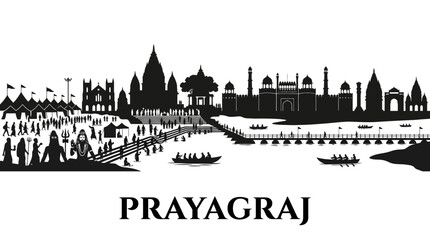 Obraz premium Prayagraj Skyline Silhouette: Ganga River, Ghats, Temples, and People