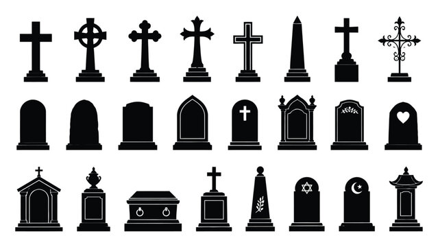 Black silhouettes of various tombstones and crosses