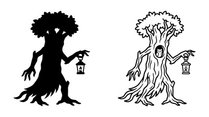Enchanted Tree Guardian with Lantern: A mystical anthropomorphic tree, depicted in both silhouette and line art, stands vigilant holding an old-fashioned lantern, hinting at an ancient. © Raima