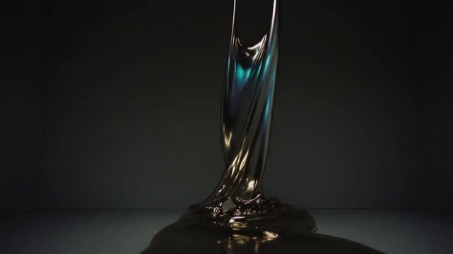 Pouring from above iridescent metal fluid flowing down shiny set floor, forming ripples for art