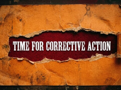 Torn Paper Reveal with "TIME FOR CORRECTIVE ACTION" text, revealing a red background, representing urgency and decision-making Concept Prompting immediate solutions to problems and necessary changes.