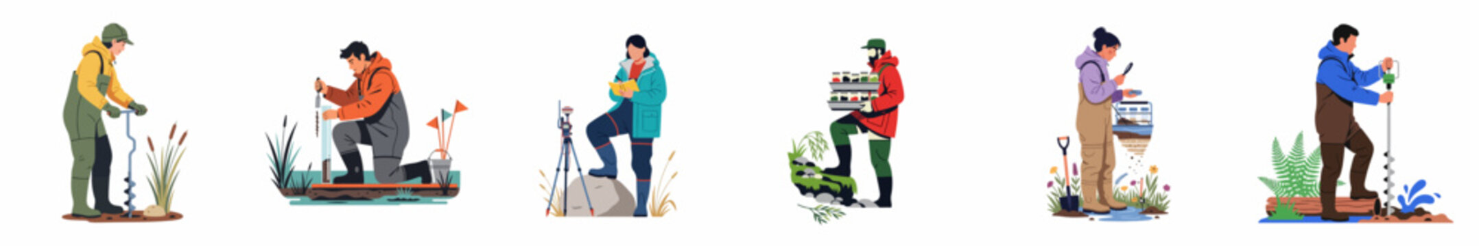 Set of environmental scientists and researchers performing fieldwork, soil sampling, and data collection in various natural outdoor settings.