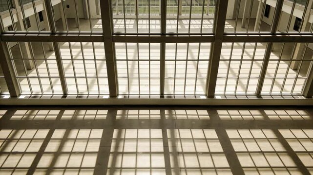 Beaming sunlight through skylight, sun moving and casting grid shadows on hall floor with mullions