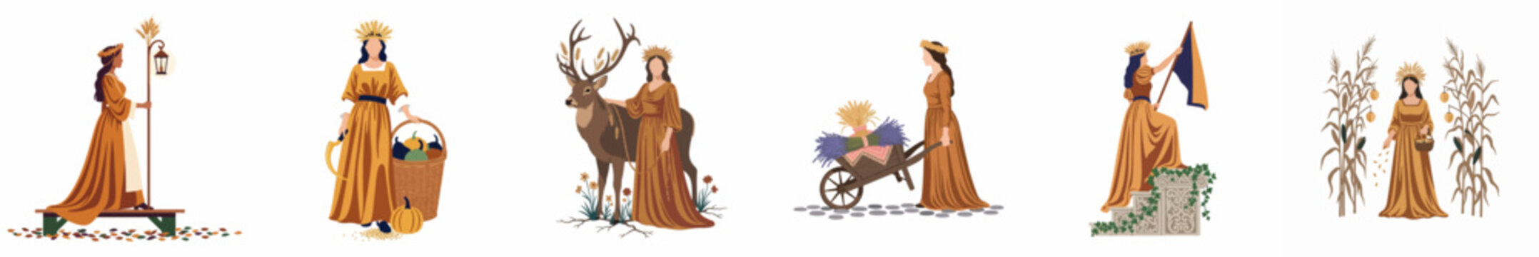 Set of Harvest Goddess Illustrations Featuring Women in Golden Gowns with Autumnal Symbols, Wheat, Pumpkins, and Nature Elements