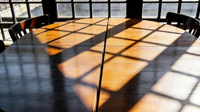 Shifting sun angle moving sunlight across seamed wooden table by paned window, casting grid shadows