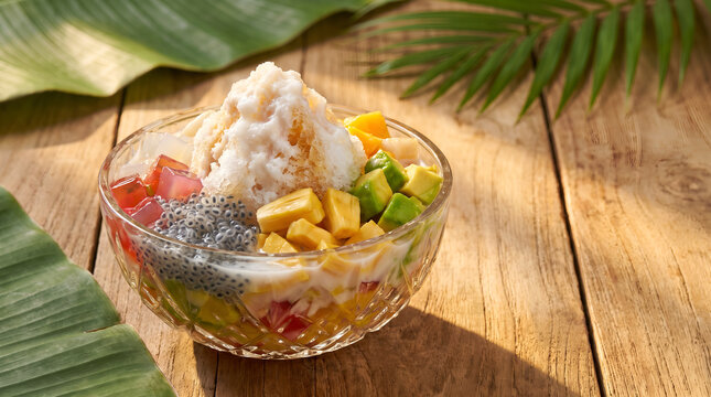 Premium Indonesian es campur presentation for restaurant menus, hospitality marketing, culinary tourism, editorial publishing, and commercial advertising.