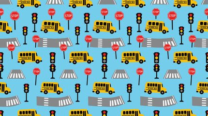 Naklejka premium Seamless pattern with school bus traffic lights and crosswalks on blue background.