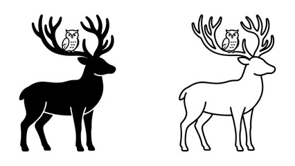 Deer and Owl Silhouette: A striking silhouette of a majestic deer with elaborate antlers, featuring a small owl perched atop, presented in both black and white outline and solid black form. © Raima