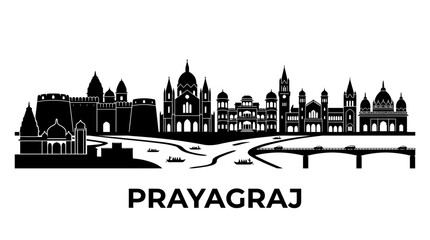 Obraz premium Prayagraj skyline silhouette, Ganga river, ancient forts, temples, modern bridge
