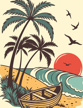 Colorful Palm Tree Ocean Sunset Illustration Capturing Tropical Paradise Scenic Beauty