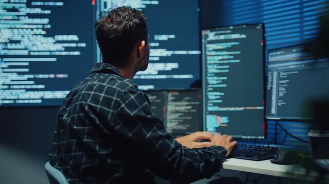 Young Caucasian male programmer write code on computer in home office at late night. AI technology, cybersecurity, software developer, freelance innovation, database system, digital network concept.