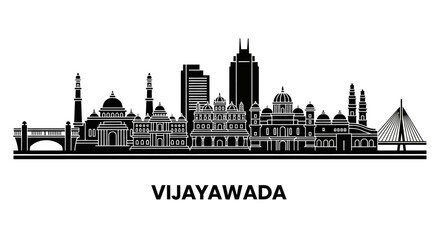 Obraz premium Vijayawada City Skyline Silhouette - Famous Indian Landmarks in Black and White
