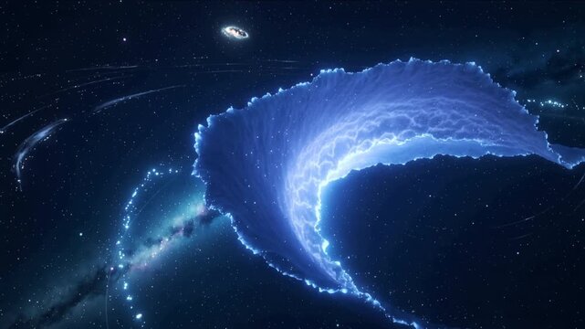Rotating big blue ribbon clockwise in space, camera zooming revealing pulsing core and ring galaxy
