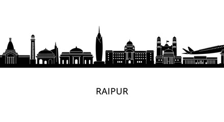 Obraz premium Raipur Skyline Silhouette: Landmarks and Airplane Vector Art