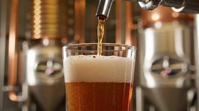 Craft Beer Pouring into Glass from Tap in Brewery, Close-up