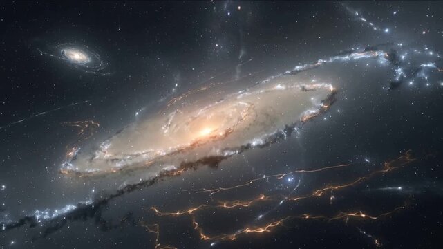 Panning camera revealing tilted spiral galaxy in deep space, exposing filamentary gas and companion