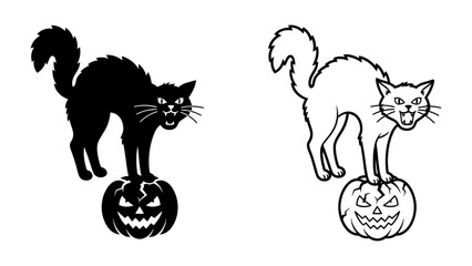 Halloween Cat on Jack-o'-lantern: A striking black cat arches its back, silhouetted against a white background, perched atop a grinning jack-o'-lantern, embodying the spirit of Halloween. © Kuddus