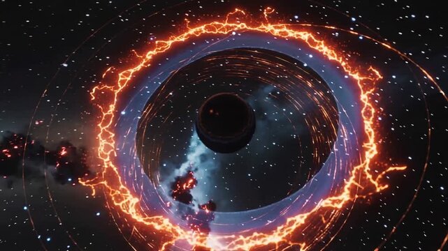 Appearing fragmented orange ring around dark sphere, arcs rotating clockwise as blue disk forming