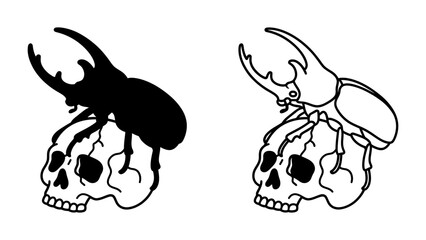 Skull and Beetle Iconography: Two striking icons depict a rhinoceros beetle perched atop a human skull, one rendered in solid black and the other as a detailed line drawing, symbolizing life, death. © Kuddus