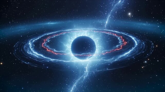 Frames showing central dark sphere emitting bright jet and stream in space with glowing ring