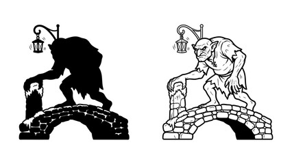 Troll on the Bridge: A shadowy, monstrous figure stands guard on an old stone bridge, illuminated by a vintage lantern, depicted in both silhouette and detailed illustration. © Harun
