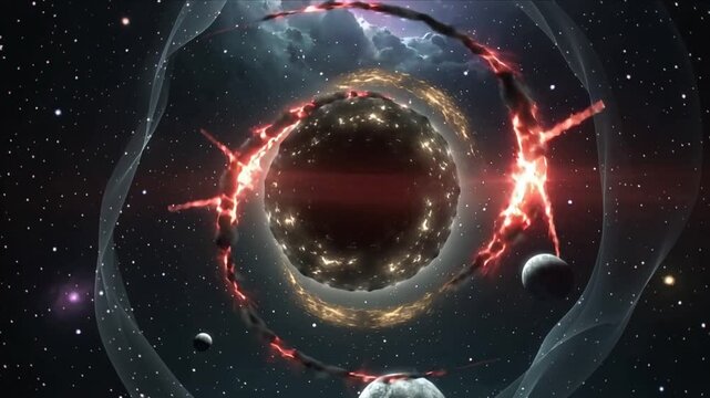Brightening ring around void in deep space sending flare, red fissures widening, with energy rising