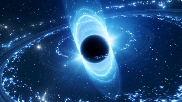 Zooming camera approaching dark sphere in outer space, revealing blue accretion rings, jet, stars