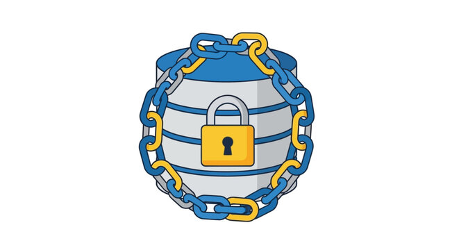 Database Security Concept Vector Illustration Featuring a Server Cylinder Wrapped in Chains and a Locked Padlock for Information Privacy and Cybersecurity