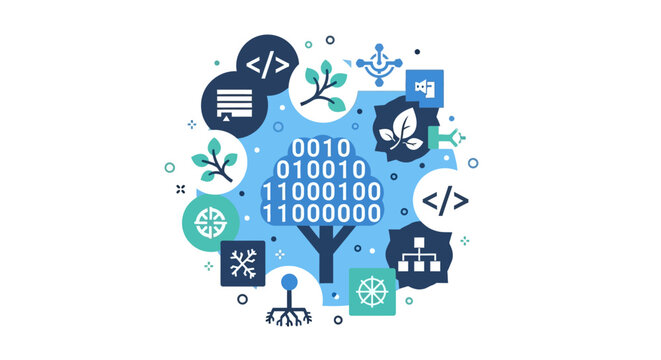 Sustainable Digital Technology Concept with Binary Tree, Green Coding, and Eco-Friendly Software Development Vector Illustration