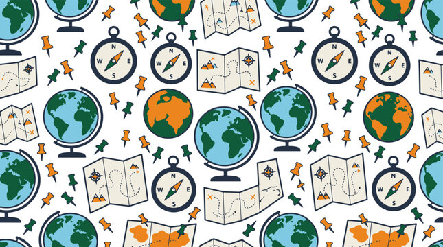 Seamless pattern with travel equipment world globes maps and orange compass tools.