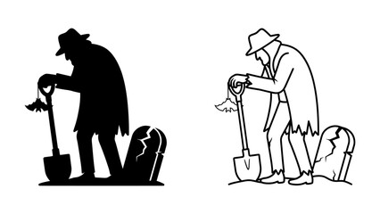Gravedigger with Shovel and Gravestone: A somber gravedigger, depicted in both silhouette and line art, prepares a grave with a shovel beside a weathered gravestone. © Raima