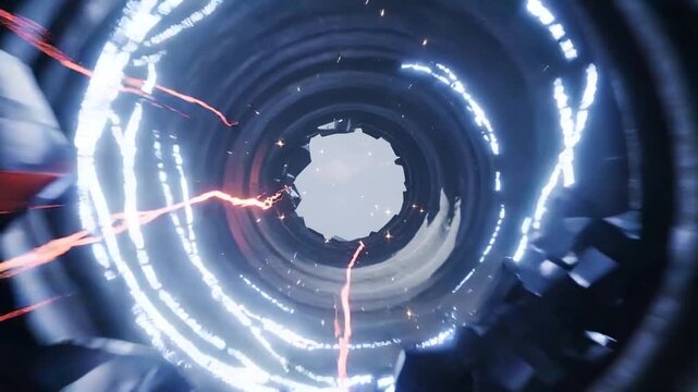 Powering metal ring and tunnel, energy trail pulling debris past moon toward bright exit