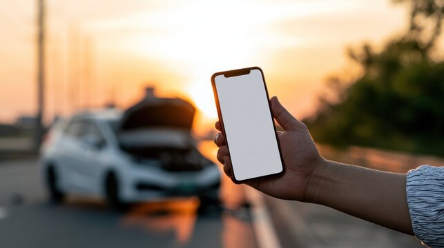 Person holding phone with broken car in background at sunset