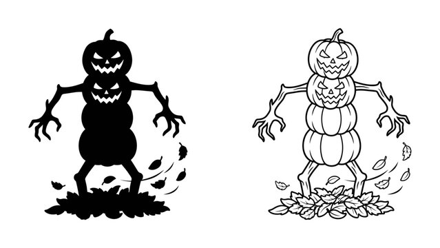 Spooky Stacked Pumpkin Man: Two illustrations depict a ghoulish figure made of stacked pumpkins with carved jack-o'-lantern faces and spindly arms and legs, surrounded by scattered autumn leaves.