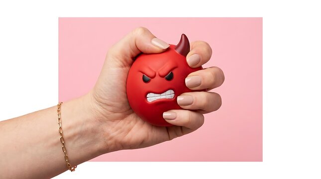 Female hand squeezing a red devil stress ball against a soft pink background to represent anger management and emotional relief