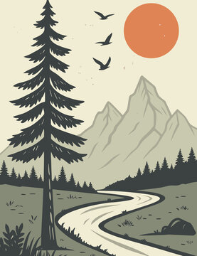 Retro sunset in a forest with trees vector illustration colored