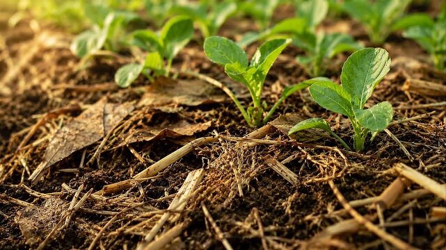 Circular Farming Seedling Growth in Garden Field, Young Plant in Fertile Soil with Mulch, Crop Ecology Bed