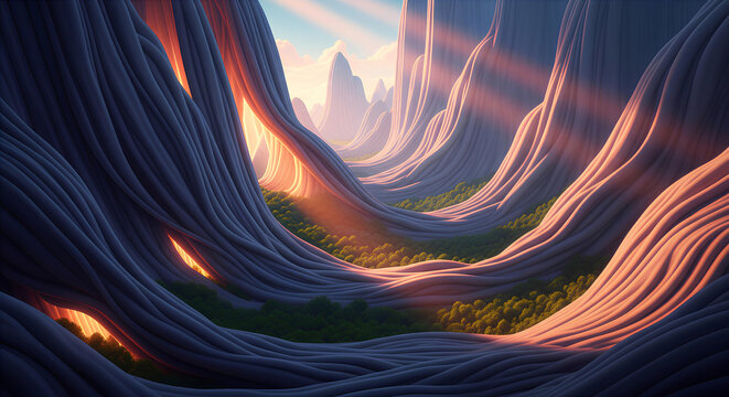 Close Up View of Stylized Layered Mountain Ridges with Warm Light Flares