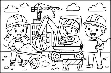 Obraz premium costruzione, contorno di cartone animato disegnato a mano Line Art illustrazione doodle art pagina da colorare per bambini