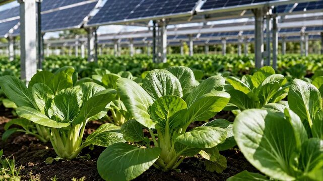 Low emission solar greenhouse agriculture for green leafy vegetable crop field growing under solar panel in sustainable farm light