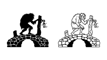 Troll on a Bridge Silhouette and Line Art: A fantastical troll figure stands on an arched stone bridge, holding a lantern, depicted in both a bold silhouette and detailed line art. © Takiya