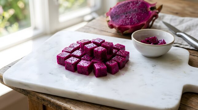 Bright pink dragon fruit cut into small cubes on a cutting board.
