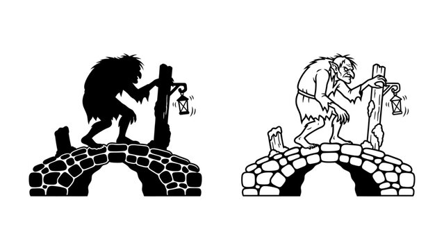 Troll on a Bridge Silhouette and Line Art: A fantastical troll figure stands on an arched stone bridge, holding a lantern, depicted in both a bold silhouette and detailed line art.