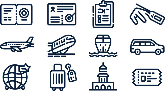 hravel, tourism, icon, set, lineart, passport, airplane, flight, luggage, suitcase, ticket, ship, cruise, car, van, globe, destination, hotel, booking, vacation, trip, transport, journey, vector, grap