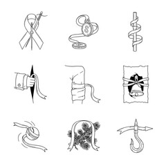 Obraz premium A set of black and white line art vector illustrations featuring espionage, ninja, or secret agent themed objects, including a needle with ribbon, coins, wrapped arm bandage, a bell, and a grappling h