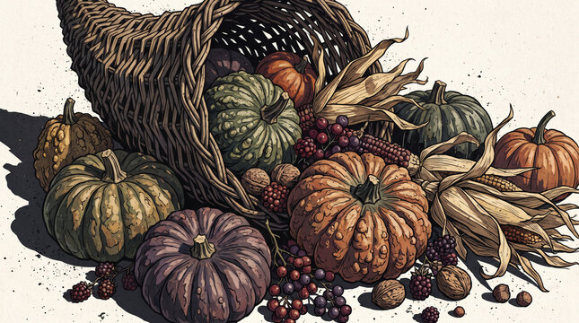 Vintage graphic illustration of a traditional Thanksgiving cornucopia overflowing with a rich autumn harvest of colorful pumpkins, dry corn, ripe berries and nuts.