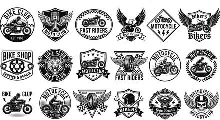 Vintage Motorcycle Emblem Set Featuring Retro Bike Club Badges Custom Chopper Logos and Biker Insignias with Eagles Skulls and Wings For Apparel Design © Nayem